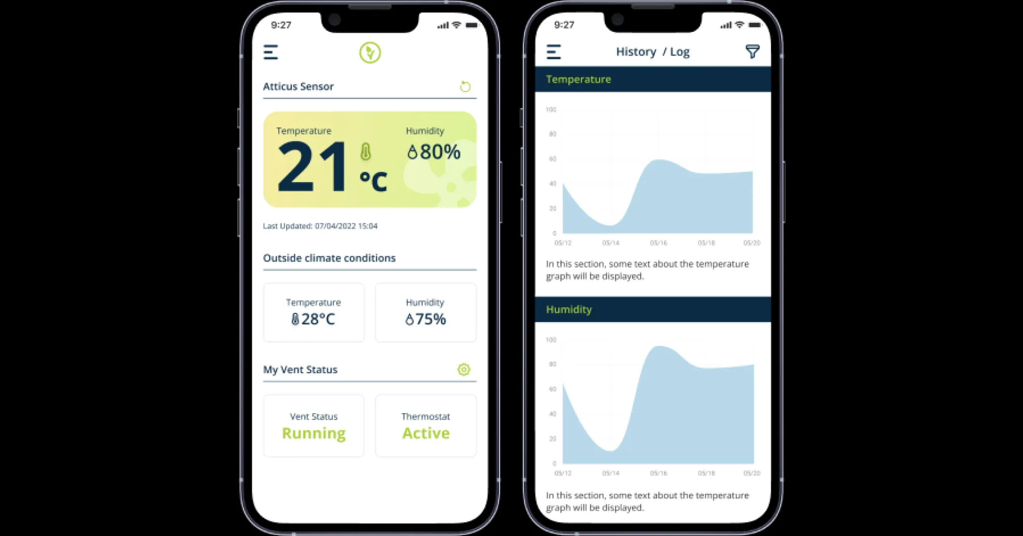 Two screens of the 4SEASONS app: live attic temperature and humidity, and their history graphs