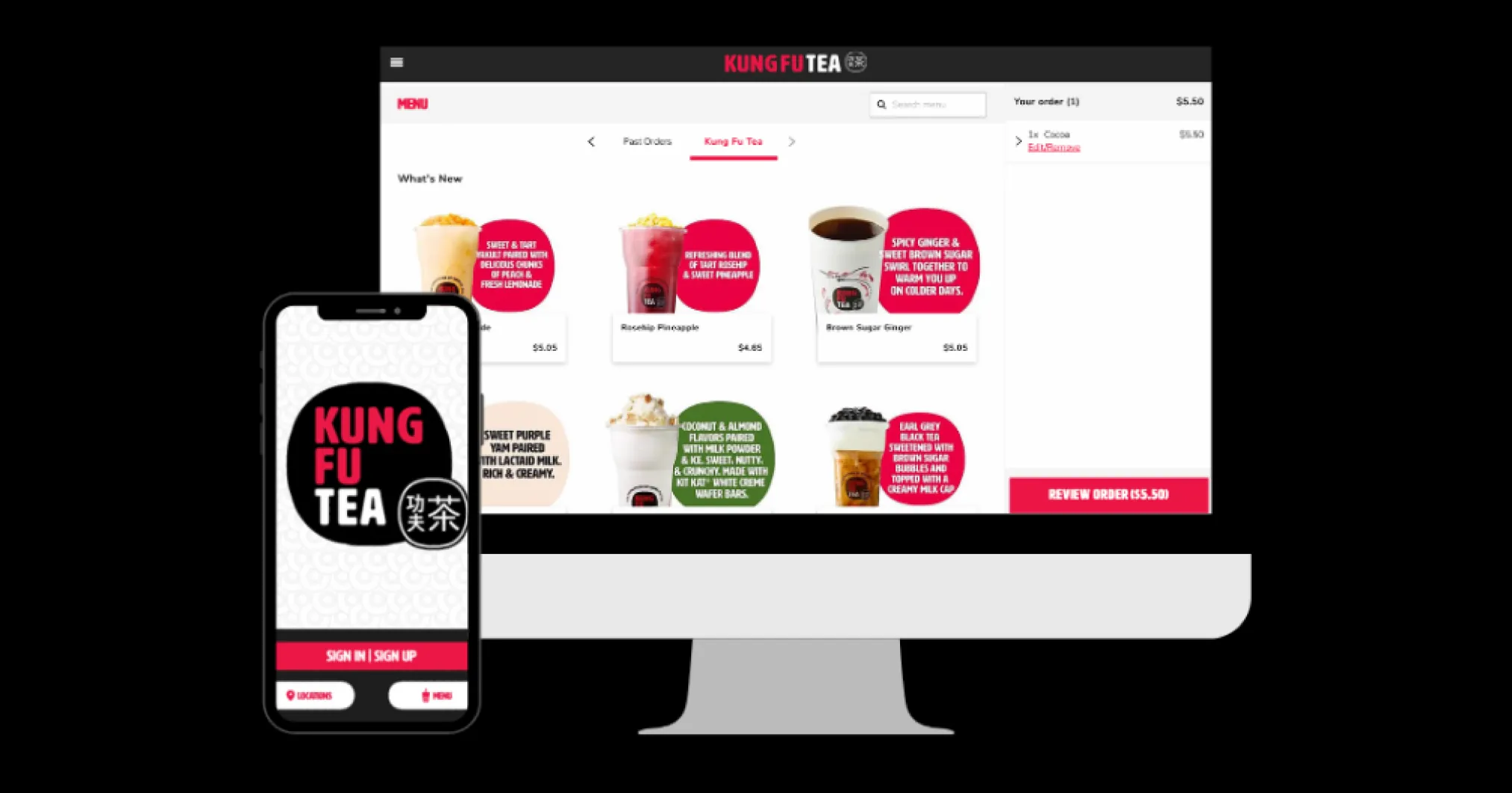 A Kung Fu Tea ordering app built on Grubhub's platform, on a phone and a desktop screen