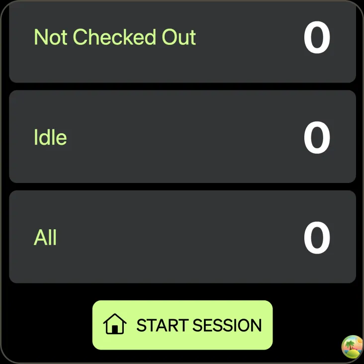 Kiosk screen with device counts and a Start Session button