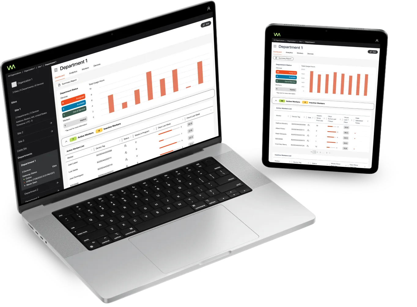 The Verve Motion Portal on a laptop and a tablet, showing a department's device dashboard