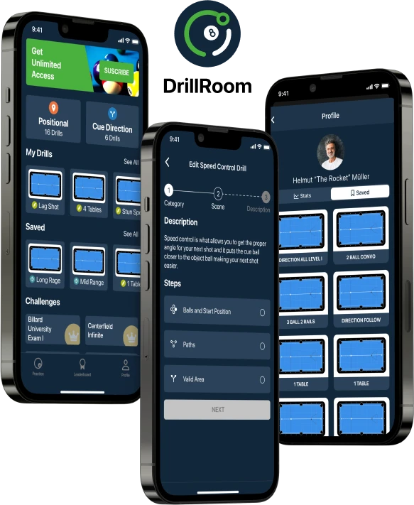 DrillRoom on three iPhone screens: the drills home, a drill editor and a player profile