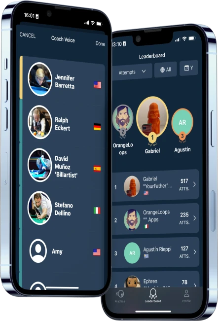 DrillRoom's coach voice picker and monthly leaderboard on two iPhones