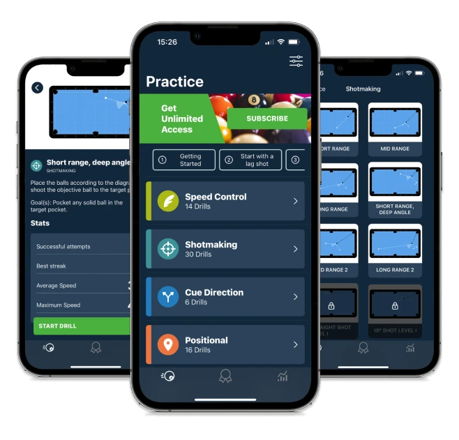 DrillRoom's practice screen with drill categories, between a drill's stats and the shotmaking drill list