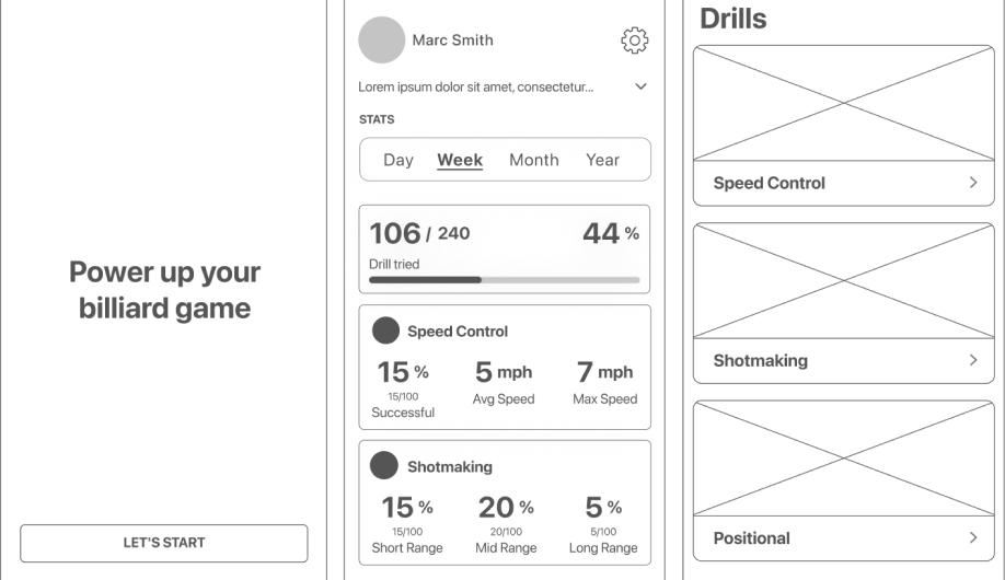 Wireframes of DrillRoom's start screen, player stats and drill list